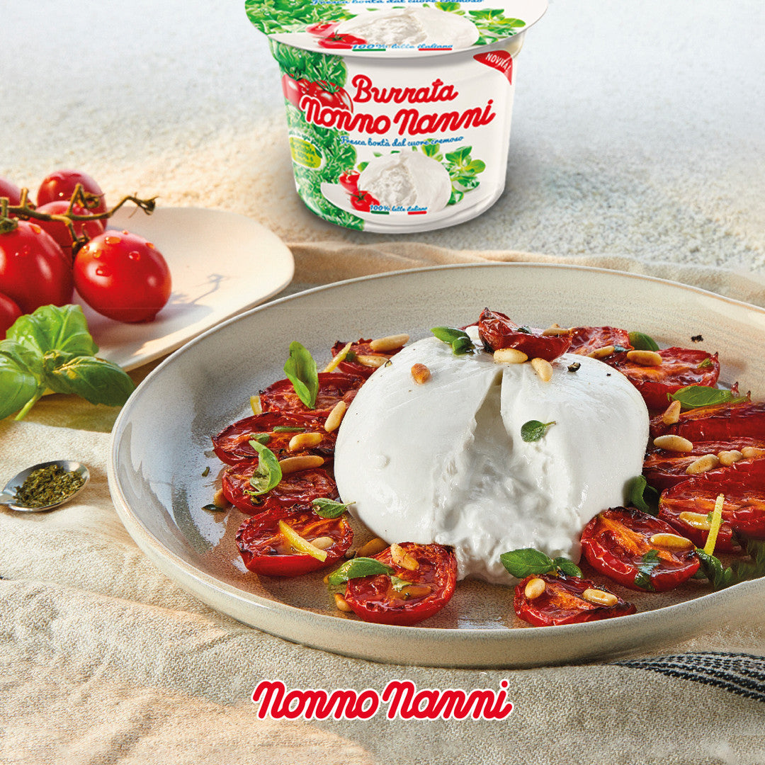 Seared tomatoes, pine nuts, vinaigrette and basil with Nonno Nanni Burrata